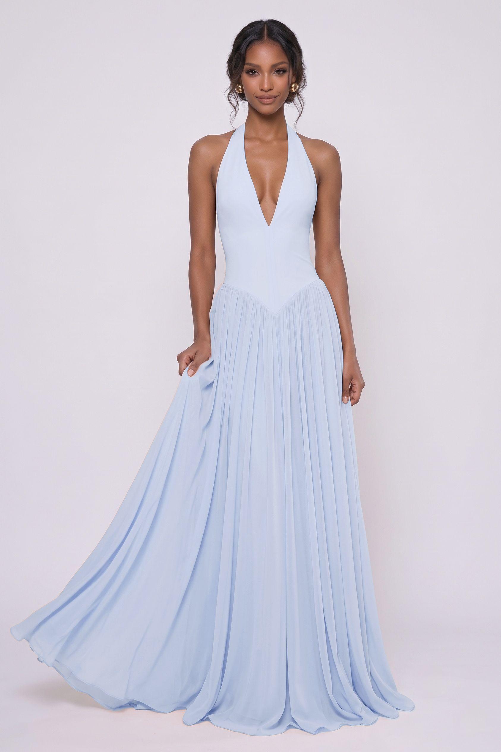A-Line Floor-length Elastic Cloth Chiffon Bridesmaid Dress CG0344BM - Light Blue - COCOMELODY